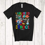 MacnyStore - PersonaIized Custom Name Blasted Through 100 Days Of School; Colorful T-Rex Riding Rocket Planet T-Shirt