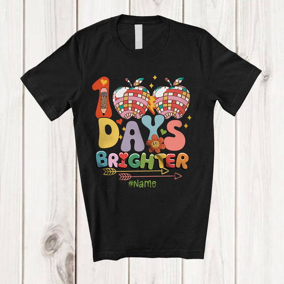 MacnyStore - Personalized 100 Days Brighter; Fantastic 100th Day Of School Groovy; Custom Name Teacher T-Shirt