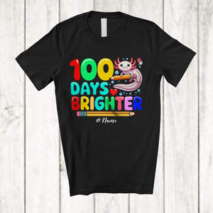 MacnyStore - Personalized 100 Days Brighter; Joyful 100th Day Of School Custom Name Axolotl; Students Teacher T-Shirt