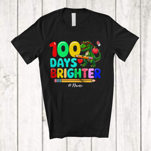 MacnyStore - Personalized 100 Days Brighter; Joyful 100th Day Of School Custom Name T-Rex; Students Teacher T-Shirt