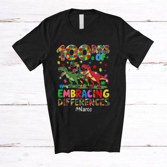 MacnyStore - Personalized 100 Days Embracing Differences; Joyful Custom Name Autism 3 T-Rex; SPED Teacher T-Shirt