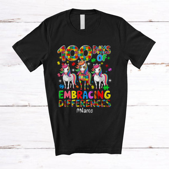 MacnyStore - Personalized 100 Days Embracing Differences; Joyful Custom Name Autism 3 Unicorns; SPED Teacher T-Shirt