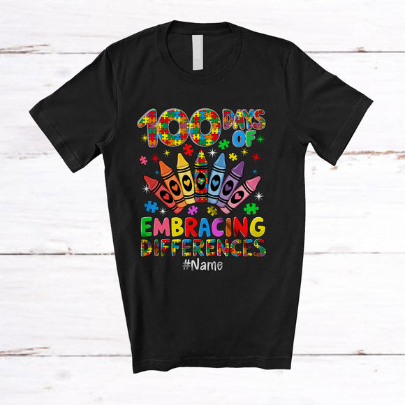 MacnyStore - Personalized 100 Days Embracing Differences; Joyful Custom Name Autism Crayons; SPED Teacher T-Shirt