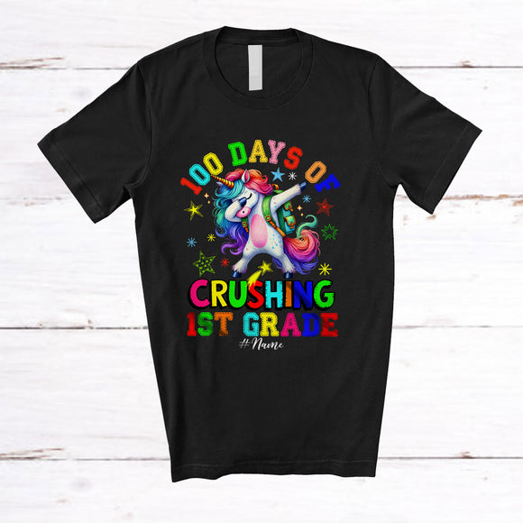 MacnyStore - Personalized 100 Days Of Crushing 1st Grade; Joyful Unicorn Dabbing; Custom Name Students T-Shirt