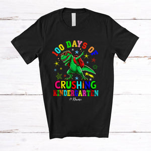 MacnyStore - Personalized 100 Days Of Crushing Kindergarten; Joyful T-Rex Dabbing; Custom Name Students T-Shirt