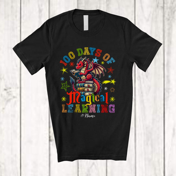 MacnyStore - Personalized 100 Days Of Magical Learning; Amazing Custom Name Dragon Reading Book T-Shirt