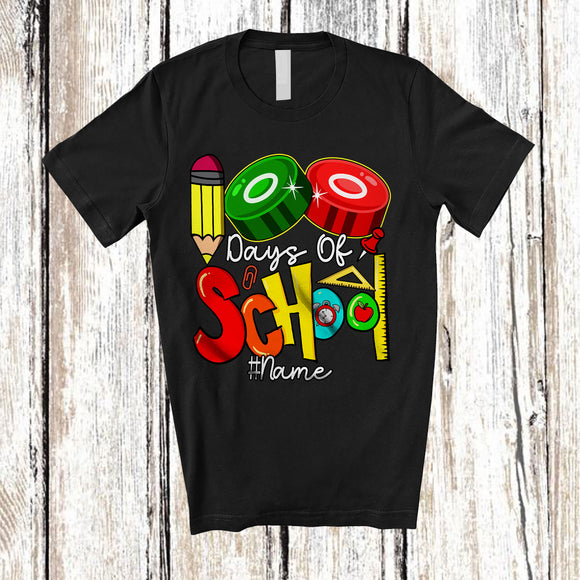 MacnyStore - Personalized 100 Days Of School; Colorful Custom Name Ice Hockey Player Team; Students Teacher T-Shirt