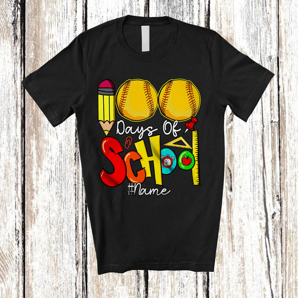 MacnyStore - Personalized 100 Days Of School; Colorful Custom Name Softball Player Team; Students Teacher T-Shirt