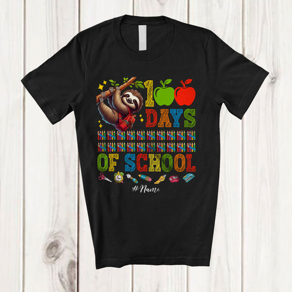 MacnyStore - Personalized 100 Days Of School; Custom Name Cool Sloth Schoolbag 100th Day T-Shirt