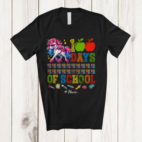 MacnyStore - Personalized 100 Days Of School; Custom Name Cool Unicorn Schoolbag 100th Day T-Shirt