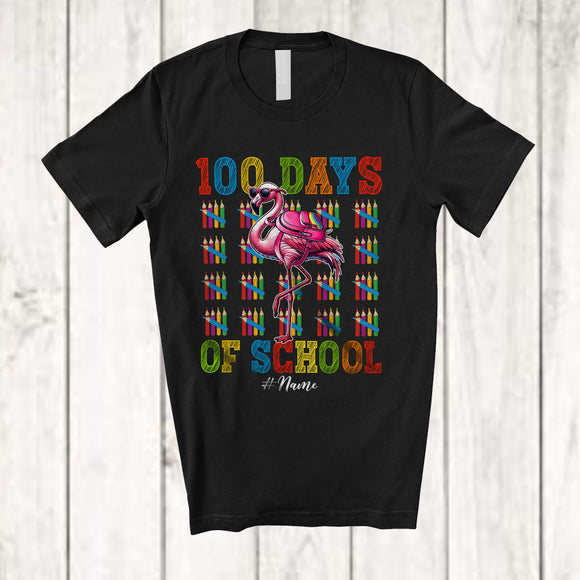 MacnyStore - Personalized 100 Days Of School; Lovely 100th Day Custom Name Flamingo Schoolbag; Students T-Shirt