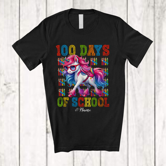 MacnyStore - Personalized 100 Days Of School; Lovely 100th Day Custom Name Unicorn Schoolbag; Students T-Shirt