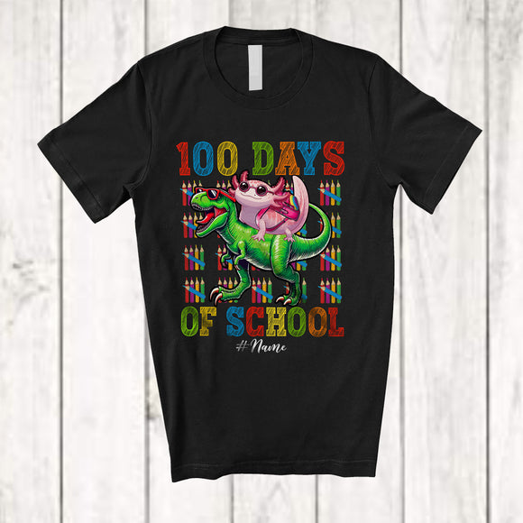 MacnyStore - Personalized 100 Days Of School; Lovely Custom Name Axolotl Riding T-Rex Schoolbag T-Shirt