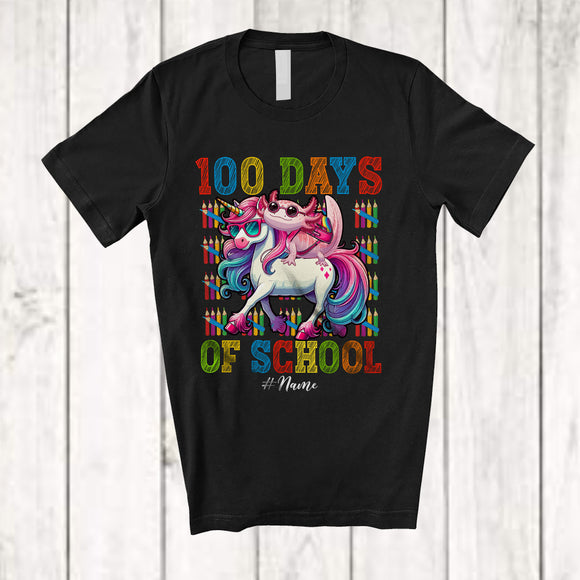 MacnyStore - Personalized 100 Days Of School; Lovely Custom Name Axolotl Riding Unicorn Schoolbag T-Shirt