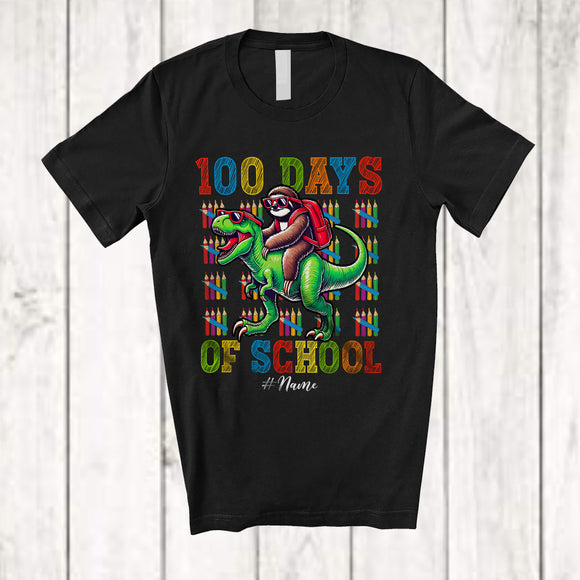 MacnyStore - Personalized 100 Days Of School; Lovely Custom Name Sloth Riding T-Rex Schoolbag T-Shirt