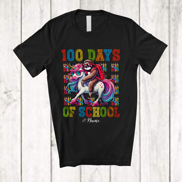 MacnyStore - Personalized 100 Days Of School; Lovely Custom Name Sloth Riding Unicorn Schoolbag T-Shirt