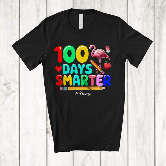 MacnyStore - Personalized 100 Days Smarter; Joyful 100th Day Of School Custom Name Flamingo; Students Teacher T-Shirt