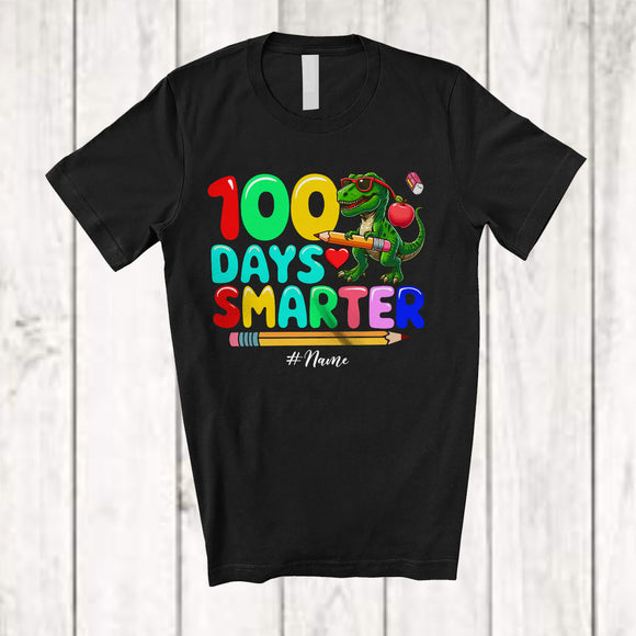 MacnyStore - Personalized 100 Days Smarter; Joyful 100th Day Of School Custom Name T-Rex; Students Teacher T-Shirt