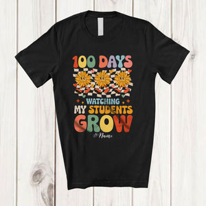 MacnyStore - Personalized 100 Days Watching My Students Grow; Joyful School Sunflower Groovy; Custom Name Teacher T-Shirt