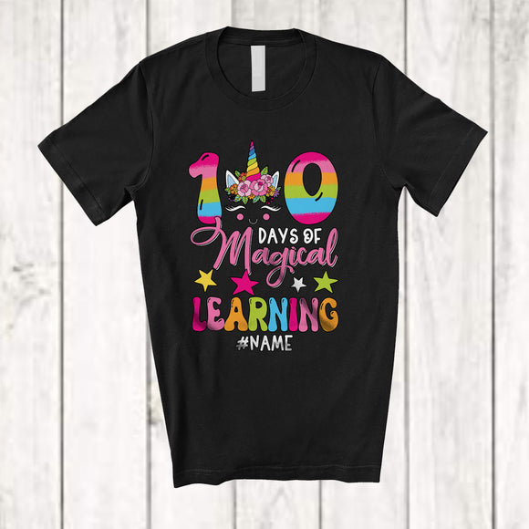 MacnyStore - Personalized 100 Days of Magical Learning; Adorable Flowers Unicorn; Custom Name Girl Student T-Shirt