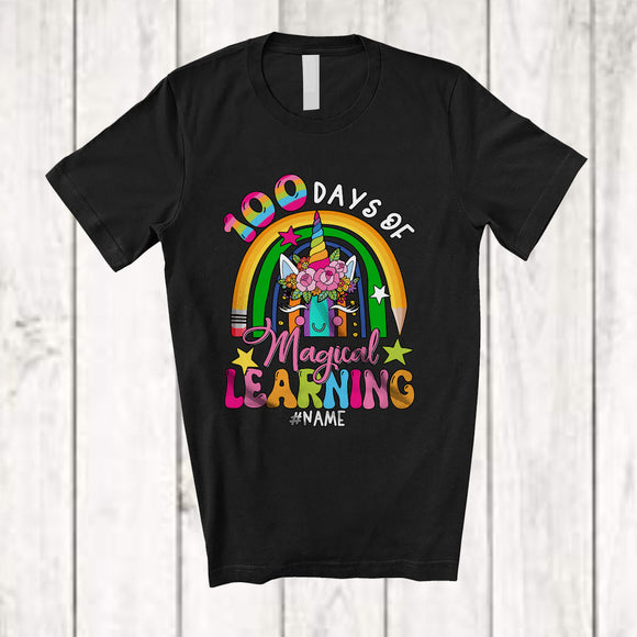 MacnyStore - Personalized 100 Days of Magical Learning; Adorable Rainbow Unicorn; Custom Name Girl Student T-Shirt