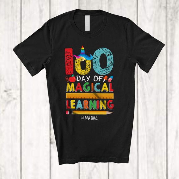 MacnyStore - Personalized 100 Days of Magical Learning; Adorable School Unicorn; Custom Name Boy Student T-Shirt