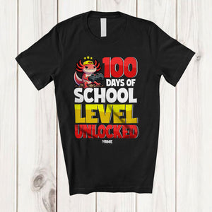 MacnyStore - Personalized 100 Days of School Level Unlocked; Joyful Axolotl Gamer; Custom Name Students Teacher T-Shirt