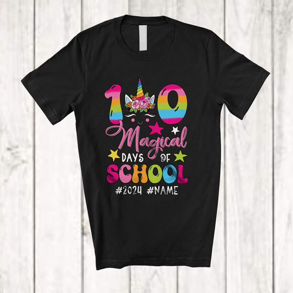 MacnyStore - Personalized 100 Magical Days of School; Adorable Flowers Unicorn; Custom Name Girl Student T-Shirt