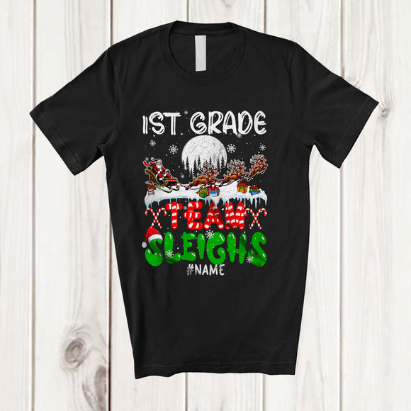 MacnyStore - Personalized 1st Grade Team Sleighs; Joyful Christmas Santa Sled Reindeer; Custom Name Teacher T-Shirt