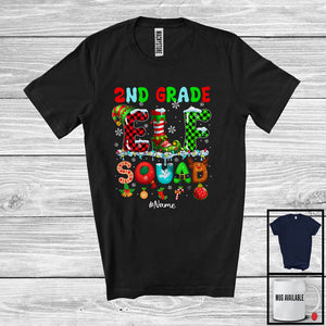 MacnyStore - Personalized 2nd Grade Elf Squad; Colorful Christmas Lights Plaid Elf; Custom Name Teacher Family T-Shirt