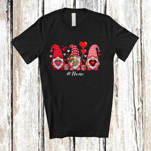 MacnyStore - Personalized 3 Gnomes With Plaid Leopard Hearts; Lovely Valentine Custom Name Couple T-Shirt