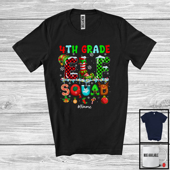 MacnyStore - Personalized 4th Grade Elf Squad; Colorful Christmas Lights Plaid Elf; Custom Name Teacher Family T-Shirt