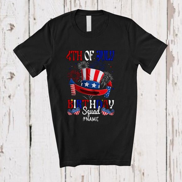 MacnyStore - Personalized 4th Of July Birthday Squad; Joyful Custom Name Uncle Sam Hat Firecrackers; Patriotic T-Shirt