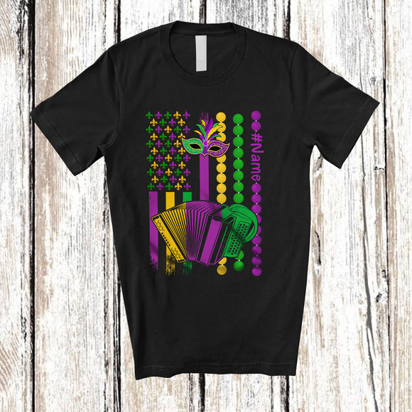 MacnyStore - Personalized Accordion American Flag; Joyful Mardi Gras Custom Name Musical Instruments Player T-Shirt