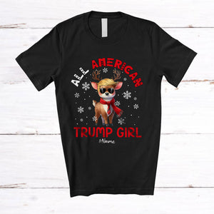 MacnyStore - Personalized All American Trump Girl; Merry Christmas Custom Name Reindeer Trump Back 2024; Family T-Shirt