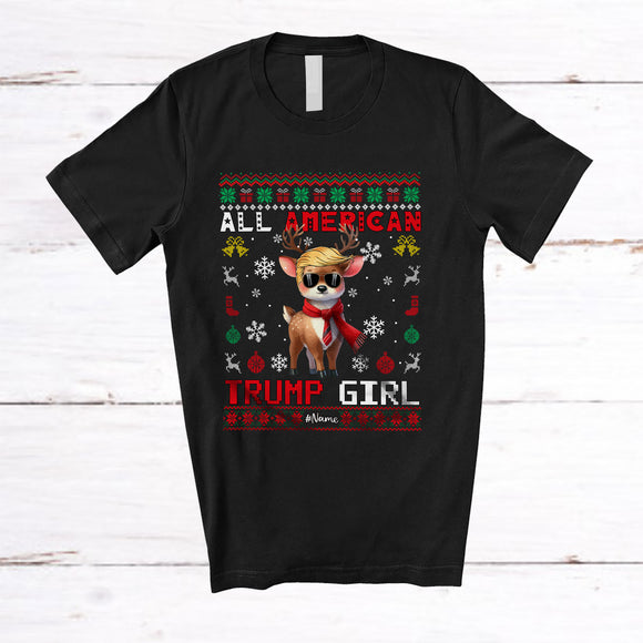 MacnyStore - Personalized All American Trump Girl; Merry Christmas Custom Name Reindeer Trump Back 2024; Sweater T-Shirt