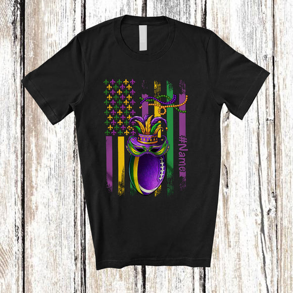 MacnyStore - Personalized American Flag Mardi Gras Football; Joyful Mardi Gras Custom Name Sport Player T-Shirt