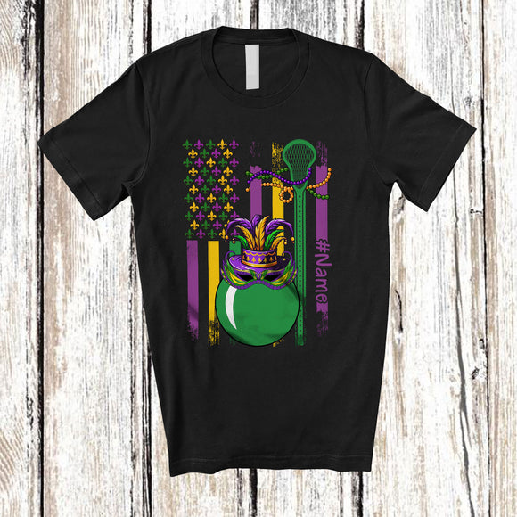 MacnyStore - Personalized American Flag Mardi Gras Lacrosse; Joyful Mardi Gras Custom Name Sport Player T-Shirt