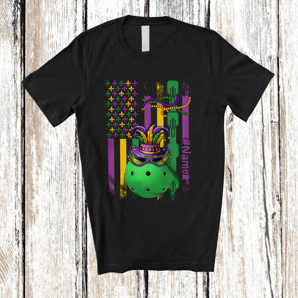 MacnyStore - Personalized American Flag Mardi Gras Pickleball; Joyful Mardi Gras Custom Name Sport Player T-Shirt