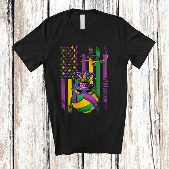 MacnyStore - Personalized American Flag Mardi Gras Volleyball; Joyful Mardi Gras Custom Name Sport Player T-Shirt