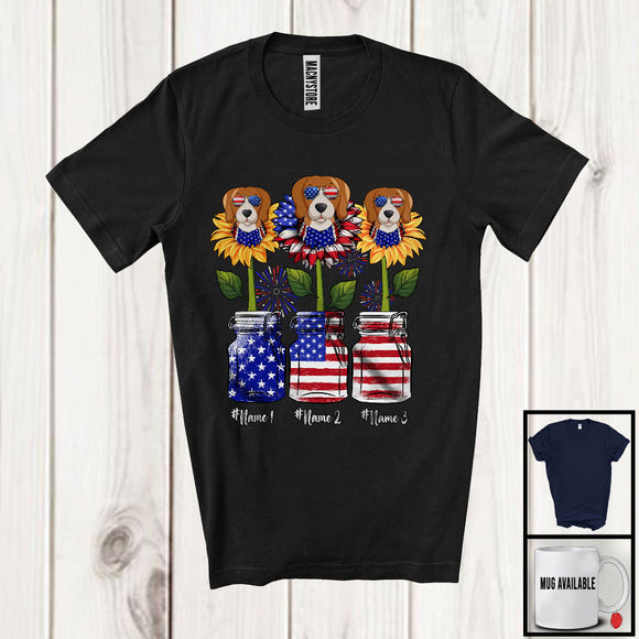 MacnyStore - Personalized American Flag Sunflowers, Amazing 4th Of July Beagle, Custom Name Patriotic T-Shirt