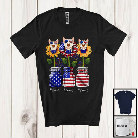 MacnyStore - Personalized American Flag Sunflowers, Amazing 4th Of July Bull Terrier, Custom Name Patriotic T-Shirt