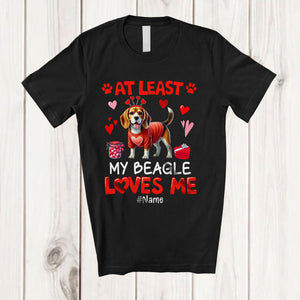 MacnyStore - Personalized At Least My Beagle Loves Me; Lovely Valentine Hearts; Custom Name Single Family T-Shirt