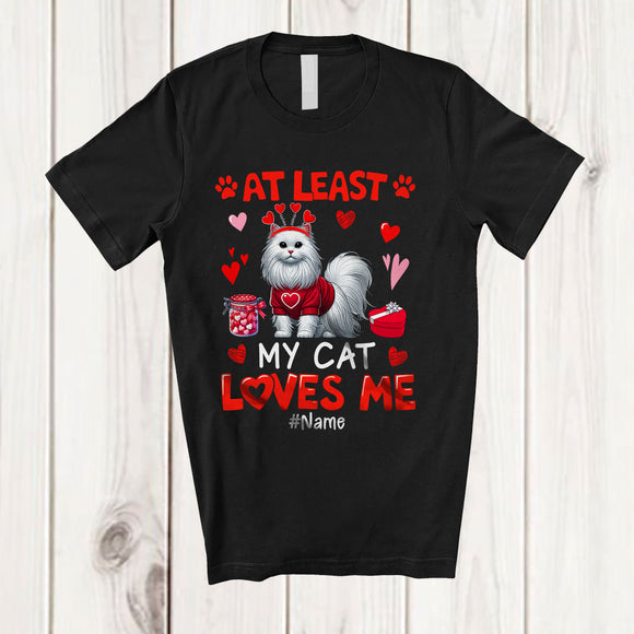 MacnyStore - Personalized At Least My Cat Loves Me; Lovely Valentine Hearts; Custom Name Single Family T-Shirt