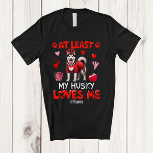 MacnyStore - Personalized At Least My Husky Loves Me; Lovely Valentine Hearts; Custom Name Single Family T-Shirt