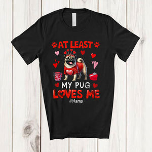 MacnyStore - Personalized At Least My Pug Loves Me; Lovely Valentine Hearts; Custom Name Single Family T-Shirt