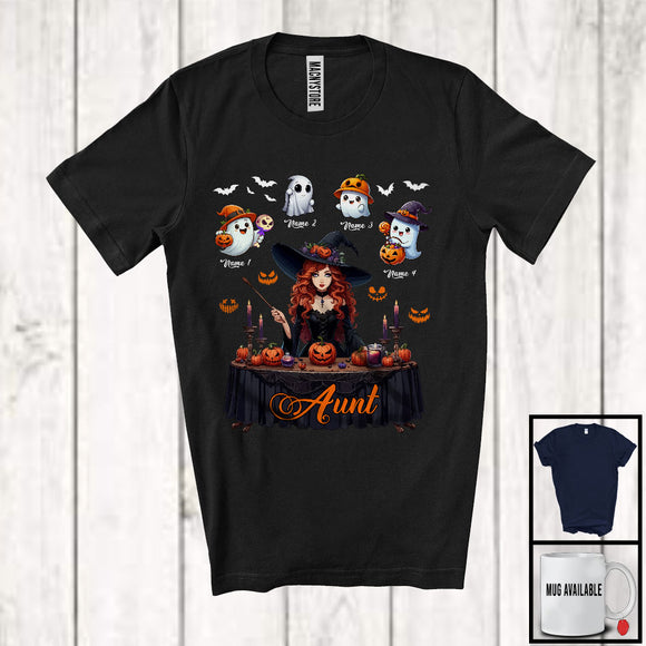 MacnyStore - Personalized Aunt Witch With Custom Name Boo Ghost, Adorable Halloween Witch Family Group T-Shirt