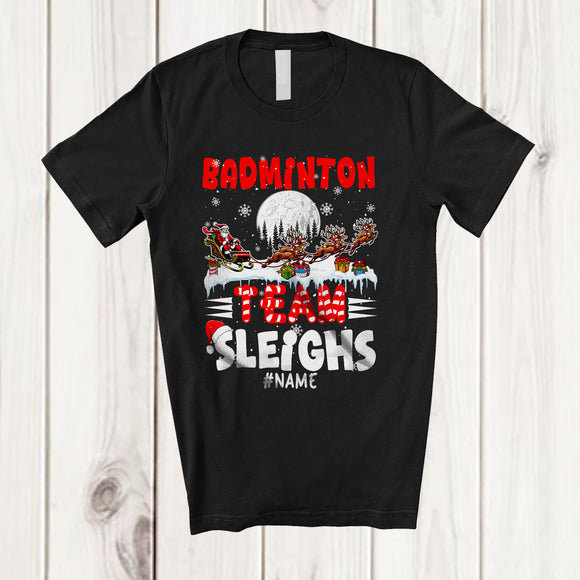 MacnyStore - Personalized Badminton Team Sleighs; Joyful Christmas Santa Sled Reindeer; Custom Name Sport Player T-Shirt