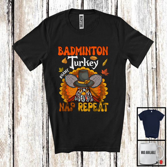 MacnyStore - Personalized Badminton Turkey Nap Repeat, Joyful Thanksgiving Fall Leaves, Custom Name Sport Player T-Shirt