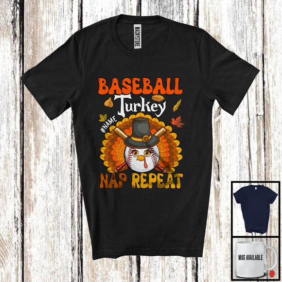 MacnyStore - Personalized Baseball Turkey Nap Repeat, Joyful Thanksgiving Fall Leaves, Custom Name Sport Player T-Shirt